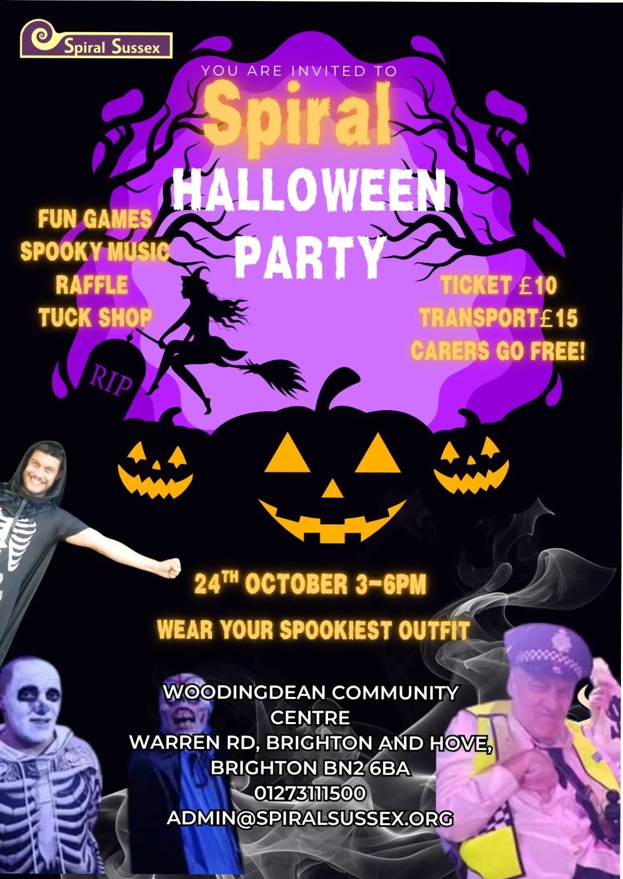 Spiral Halloween Party flyer. A purple and black poster with pumpkins, a witch on a broomstick, and Spiral members dressed up in Halloween costumes. All of the party details are written on this page.